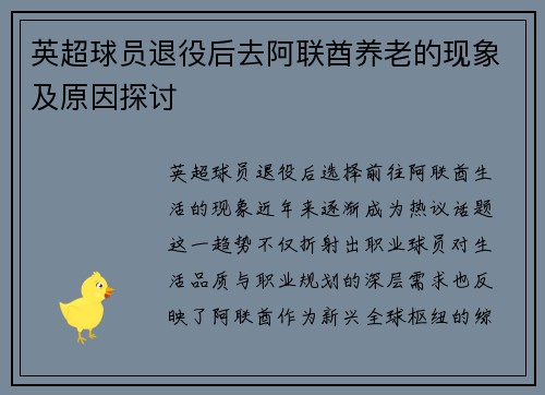 英超球员退役后去阿联酋养老的现象及原因探讨